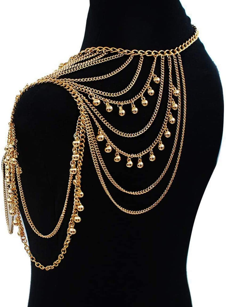 Yomiie Gold Body Chain Layered Tassels Shoulder Chain Bikini Beach Anniversary Festival Gift for Women Uniform Dress Bikini Shoulder Accessories Apparel & Accessories > Jewelry > Body Jewelry Yomiie