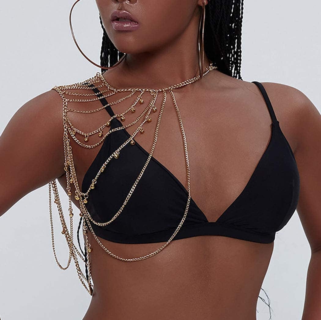 Yomiie Gold Body Chain Layered Tassels Shoulder Chain Bikini Beach Anniversary Festival Gift for Women Uniform Dress Bikini Shoulder Accessories Apparel & Accessories > Jewelry > Body Jewelry Yomiie