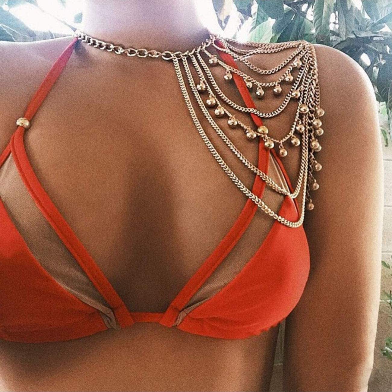 Yomiie Gold Body Chain Layered Tassels Shoulder Chain Bikini Beach Anniversary Festival Gift for Women Uniform Dress Bikini Shoulder Accessories Apparel & Accessories > Jewelry > Body Jewelry Yomiie