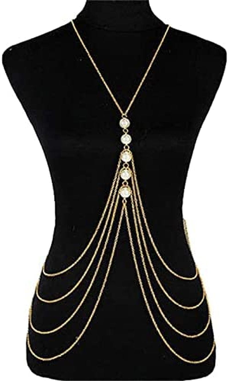Yomiie Pearl Body Chain Sexy Cross Chest Chain Multilayer Gold Layered Tassels Fashion Pearl Necklace Body Chains Jewelry Hot Bikini Bra Beach Show for Women and Girls Apparel & Accessories > Jewelry > Body Jewelry Yomiie