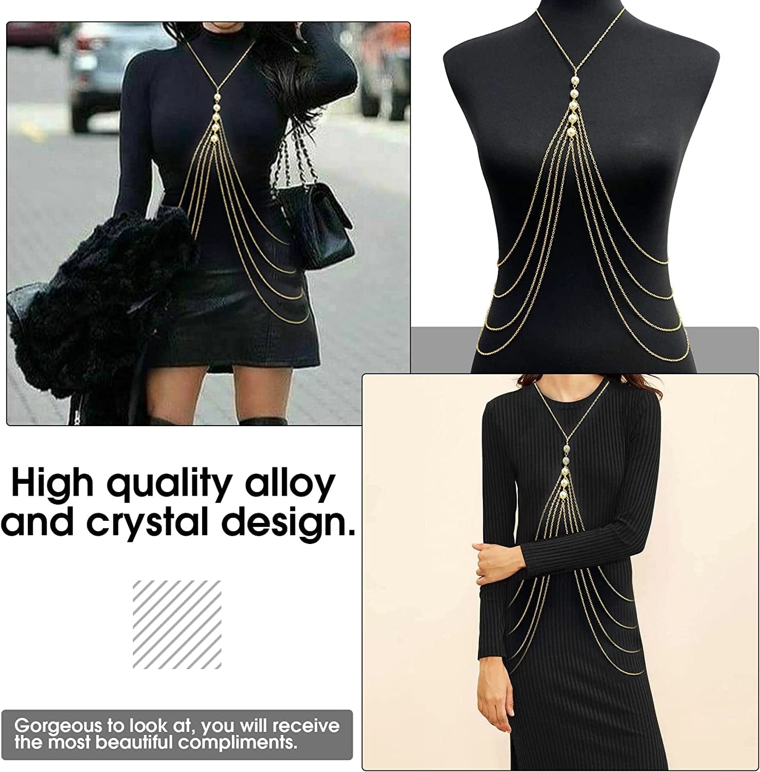 Yomiie Pearl Body Chain Sexy Cross Chest Chain Multilayer Gold Layered Tassels Fashion Pearl Necklace Body Chains Jewelry Hot Bikini Bra Beach Show for Women and Girls Apparel & Accessories > Jewelry > Body Jewelry Yomiie