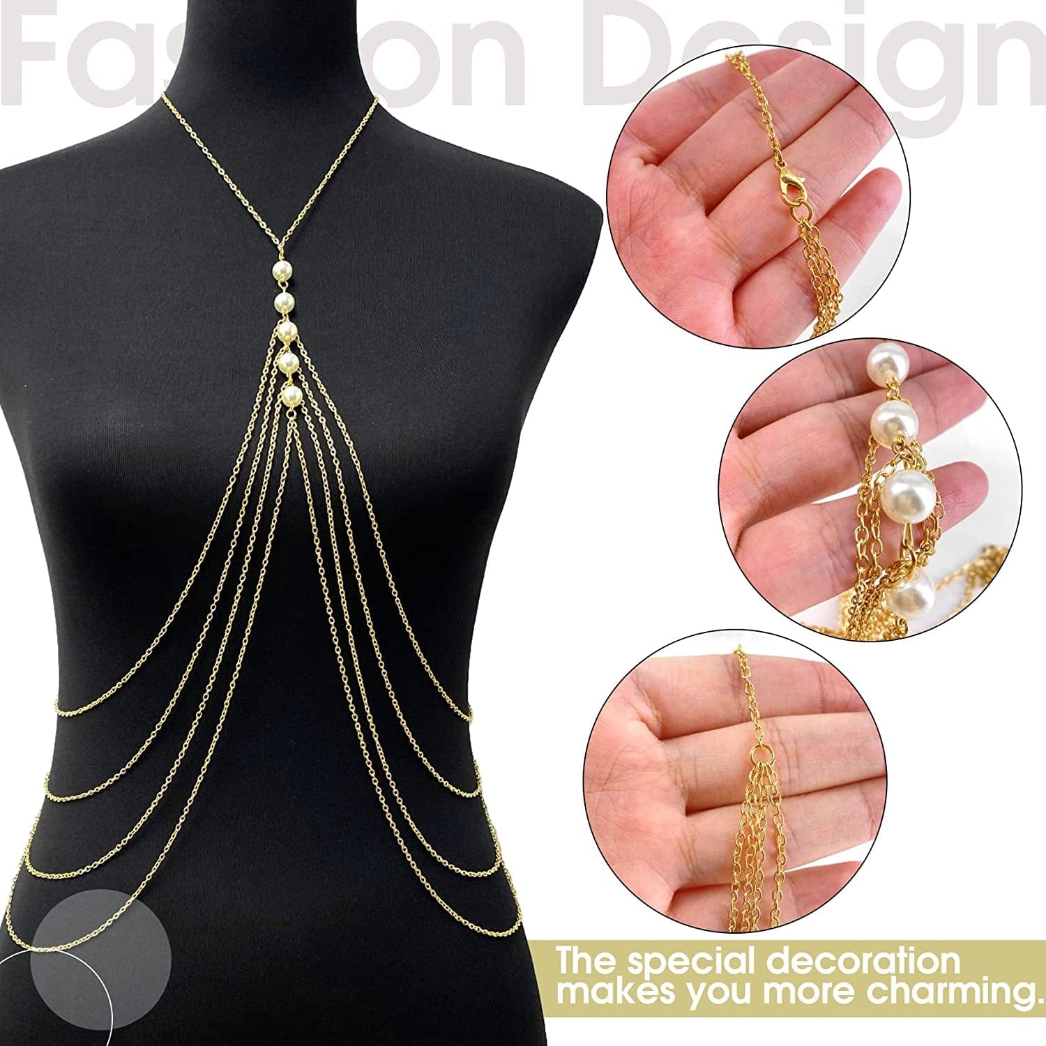 Yomiie Pearl Body Chain Sexy Cross Chest Chain Multilayer Gold Layered Tassels Fashion Pearl Necklace Body Chains Jewelry Hot Bikini Bra Beach Show for Women and Girls Apparel & Accessories > Jewelry > Body Jewelry Yomiie