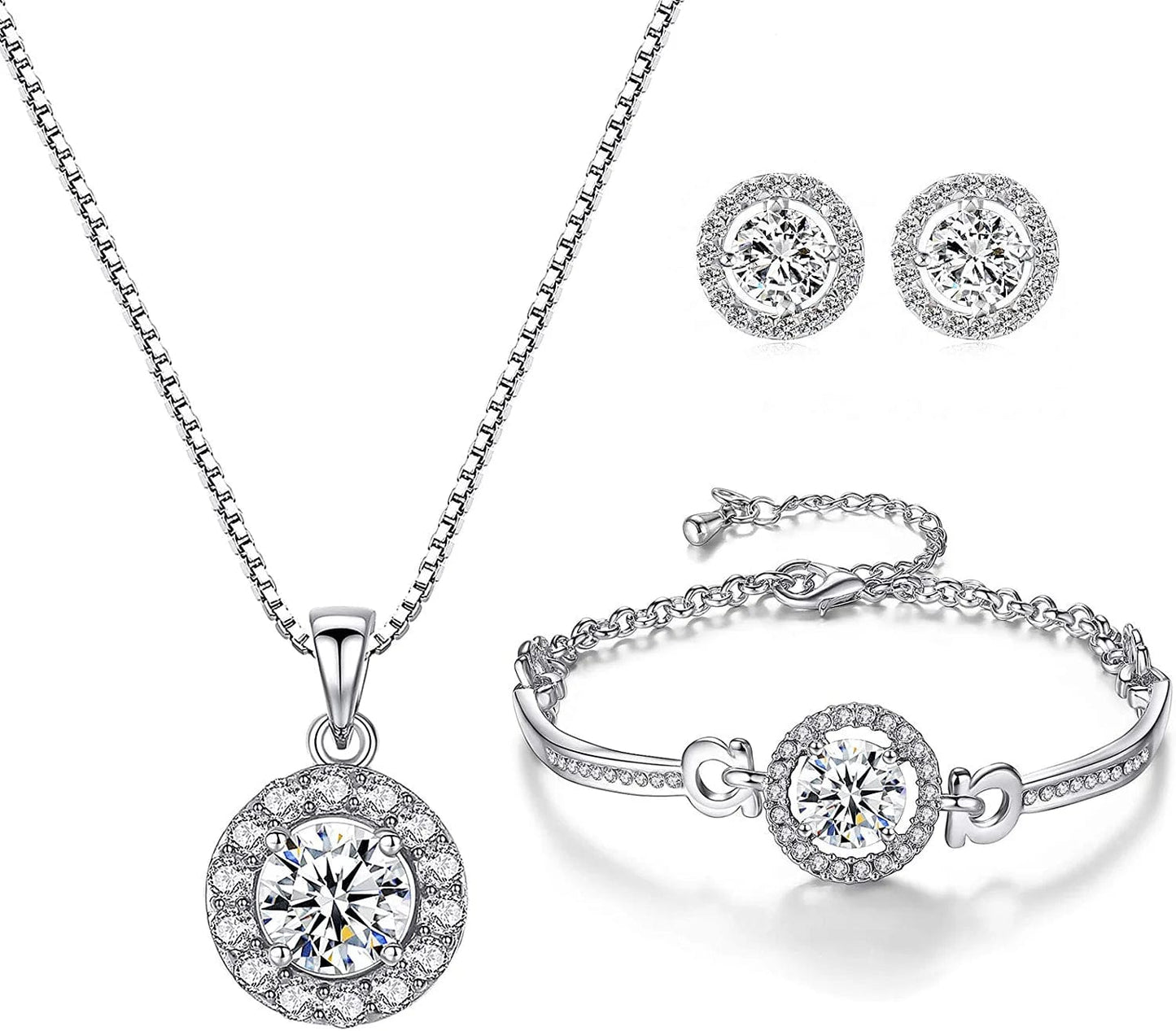 Yooai Jewellery Set Heart Pendant Necklace and Earrings Set Cubic Zirconia Jewellery for Women Round Silver