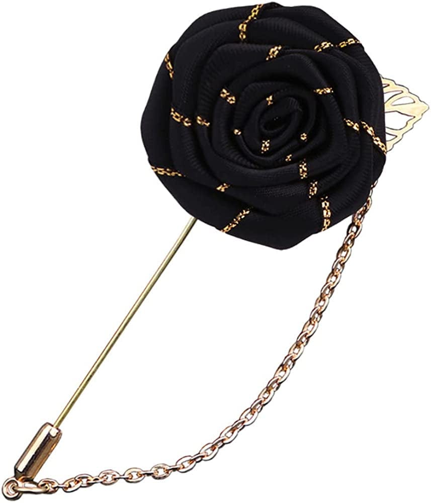 YOOE Men Cloth Rose Flower with Gold Leaf Brooch. Red Blue Rose Floral Lapel Stick Handmade Boutonniere Pins for Suit,Lapel Pin Wedding Brooch Black