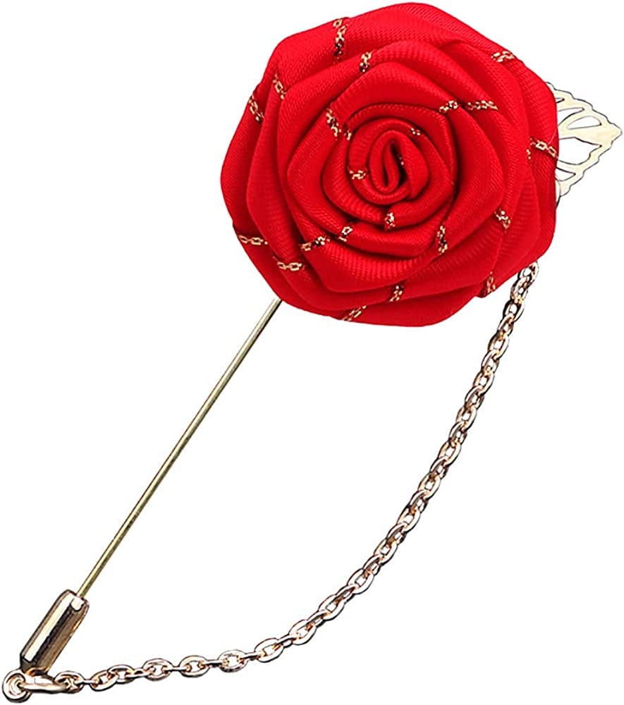 YOOE Men Cloth Rose Flower with Gold Leaf Brooch. Red Blue Rose Floral Lapel Stick Handmade Boutonniere Pins for Suit,Lapel Pin Wedding Brooch Red 2
