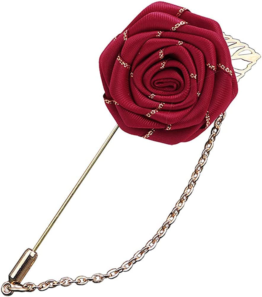 YOOE Men Cloth Rose Flower with Gold Leaf Brooch. Red Blue Rose Floral Lapel Stick Handmade Boutonniere Pins for Suit,Lapel Pin Wedding Brooch Red