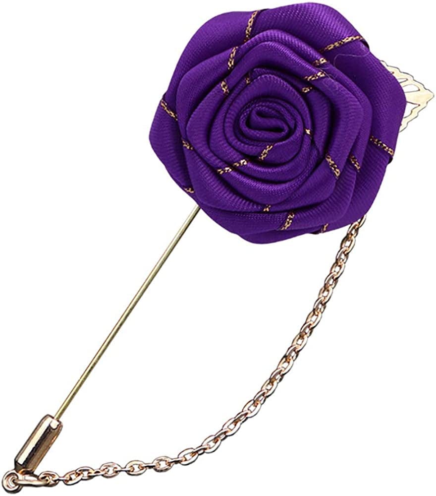 YOOE Men Cloth Rose Flower with Gold Leaf Brooch. Red Blue Rose Floral Lapel Stick Handmade Boutonniere Pins for Suit,Lapel Pin Wedding Brooch Purple