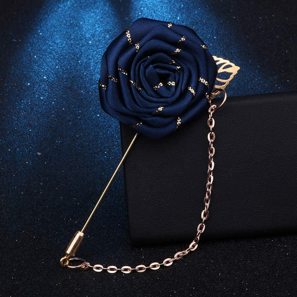 YOOE Men Cloth Rose Flower with Gold Leaf Brooch. Red Blue Rose Floral Lapel Stick Handmade Boutonniere Pins for Suit,Lapel Pin Wedding Brooch