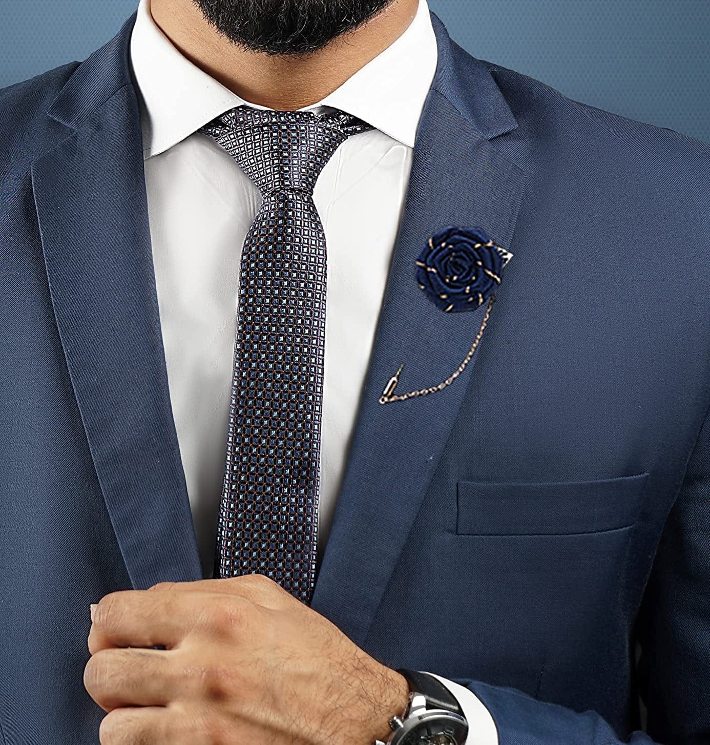 YOOE Men Cloth Rose Flower with Gold Leaf Brooch. Red Blue Rose Floral Lapel Stick Handmade Boutonniere Pins for Suit,Lapel Pin Wedding Brooch