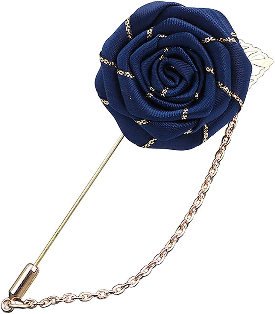 YOOE Men Cloth Rose Flower with Gold Leaf Brooch. Red Blue Rose Floral Lapel Stick Handmade Boutonniere Pins for Suit,Lapel Pin Wedding Brooch Blue
