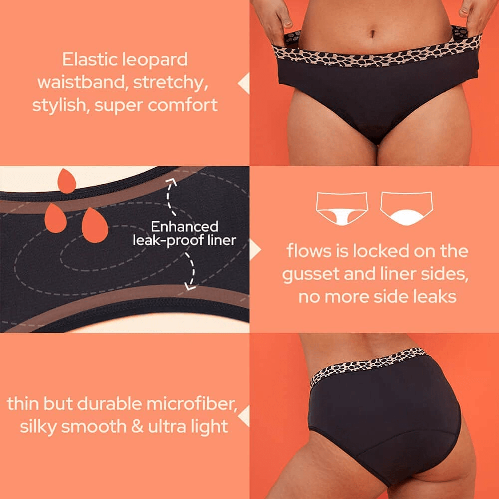 Yootime Period Underwear for Women, Leopard Hipster Stretchy Microfiber Period Panties Heavy Flow with Storage Bag Black 1Pack/L Apparel & Accessories > Clothing > Underwear & Socks > Underwear YooTime