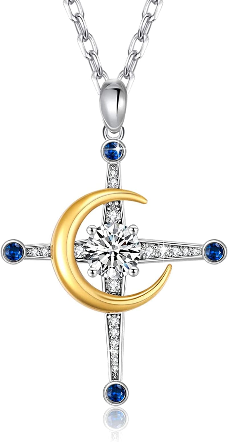Yosikcaes 925 Sterling Silver Cross Necklaces for Women with 18K White Gold Vermeil and 5A Zirconia, Birthday Anniversary Christmas Jewelry Gift for Women Moon Cross
