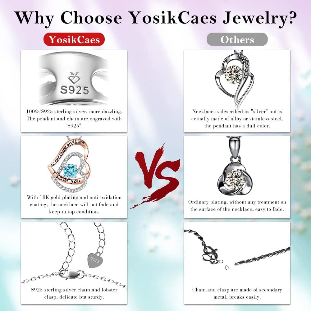 Yosikcaes 925 Sterling Silver Heart Necklaces for Women with Birthstone and 18K Rose Gold Plated, Birthday Anniversary Christmas Jewelry Gift for Women Wife Mom Girlfriend.
