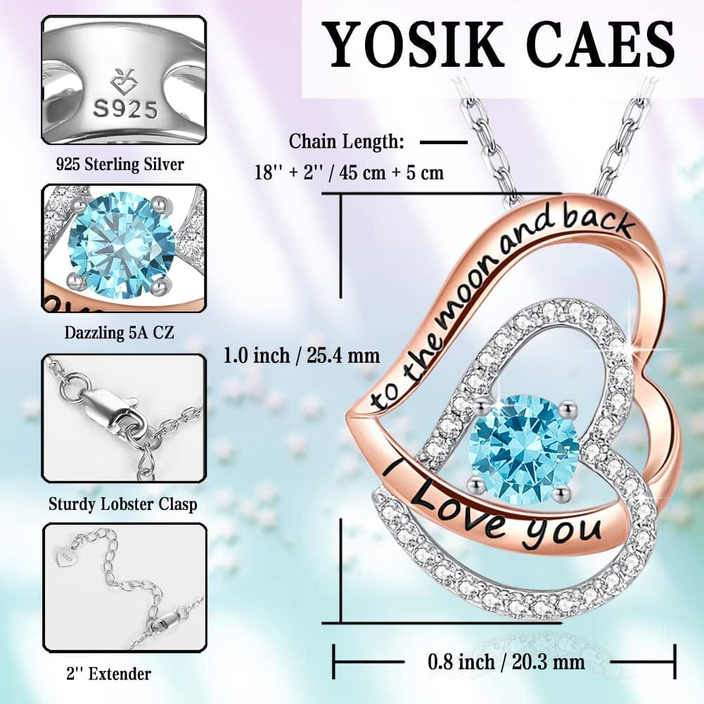 Yosikcaes 925 Sterling Silver Heart Necklaces for Women with Birthstone and 18K Rose Gold Plated, Birthday Anniversary Christmas Jewelry Gift for Women Wife Mom Girlfriend.