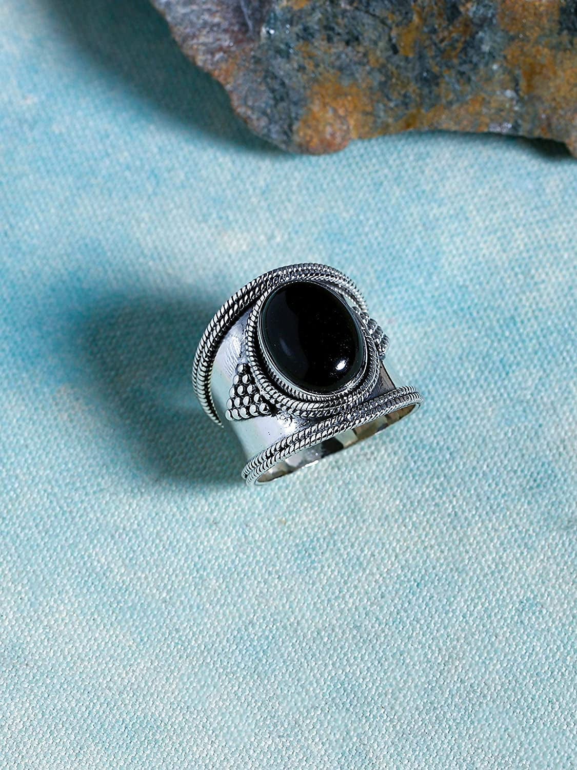 Yotreasure 12X16Mm Black Onyx .925 Sterling Silver Wide Band Boho Ring