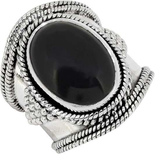 Yotreasure 12X16Mm Black Onyx .925 Sterling Silver Wide Band Boho Ring 6