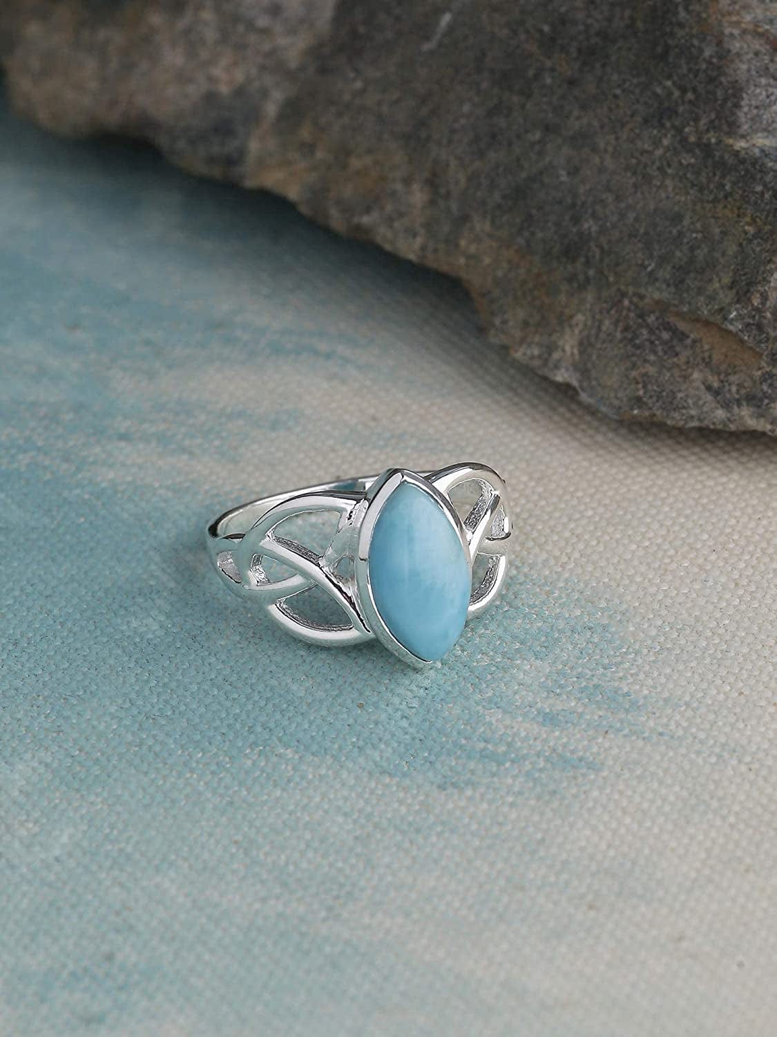 Yotreasure 6X12 MM Natural Larimar Solid 925 Sterling Silver Celtic Knot Ring