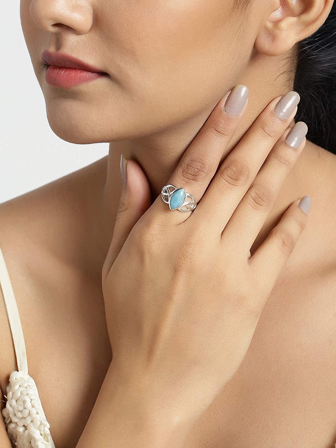 Yotreasure 6X12 MM Natural Larimar Solid 925 Sterling Silver Celtic Knot Ring