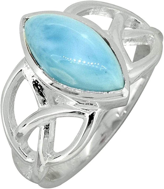 Yotreasure 6X12 MM Natural Larimar Solid 925 Sterling Silver Celtic Knot Ring 8