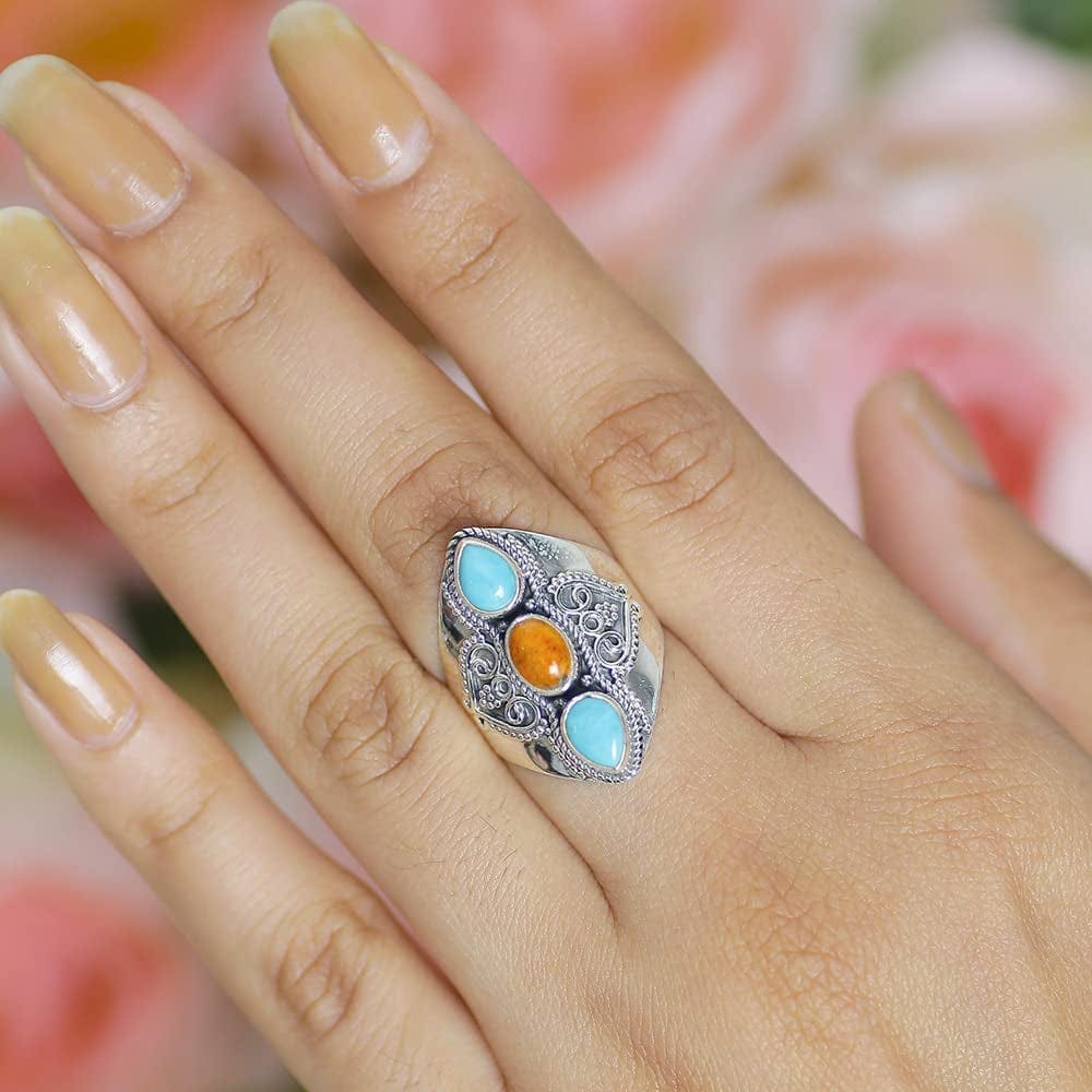 Yotreasure .925 Sterling Silver Turquoise 3 Stone Wide Band Boho Ring