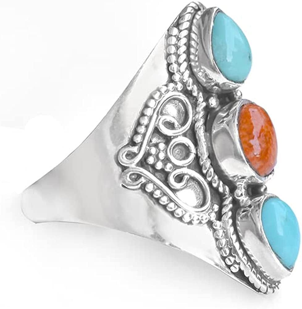 Yotreasure .925 Sterling Silver Turquoise 3 Stone Wide Band Boho Ring