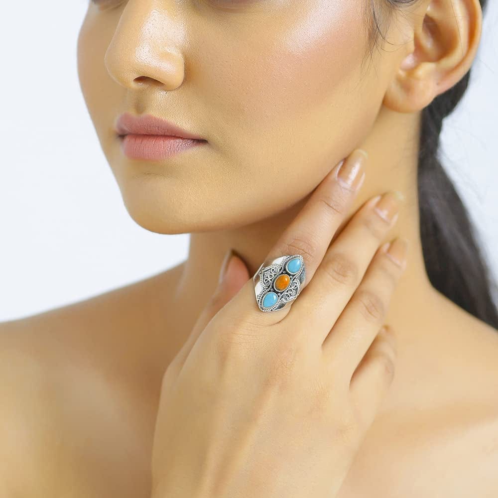 Yotreasure .925 Sterling Silver Turquoise 3 Stone Wide Band Boho Ring