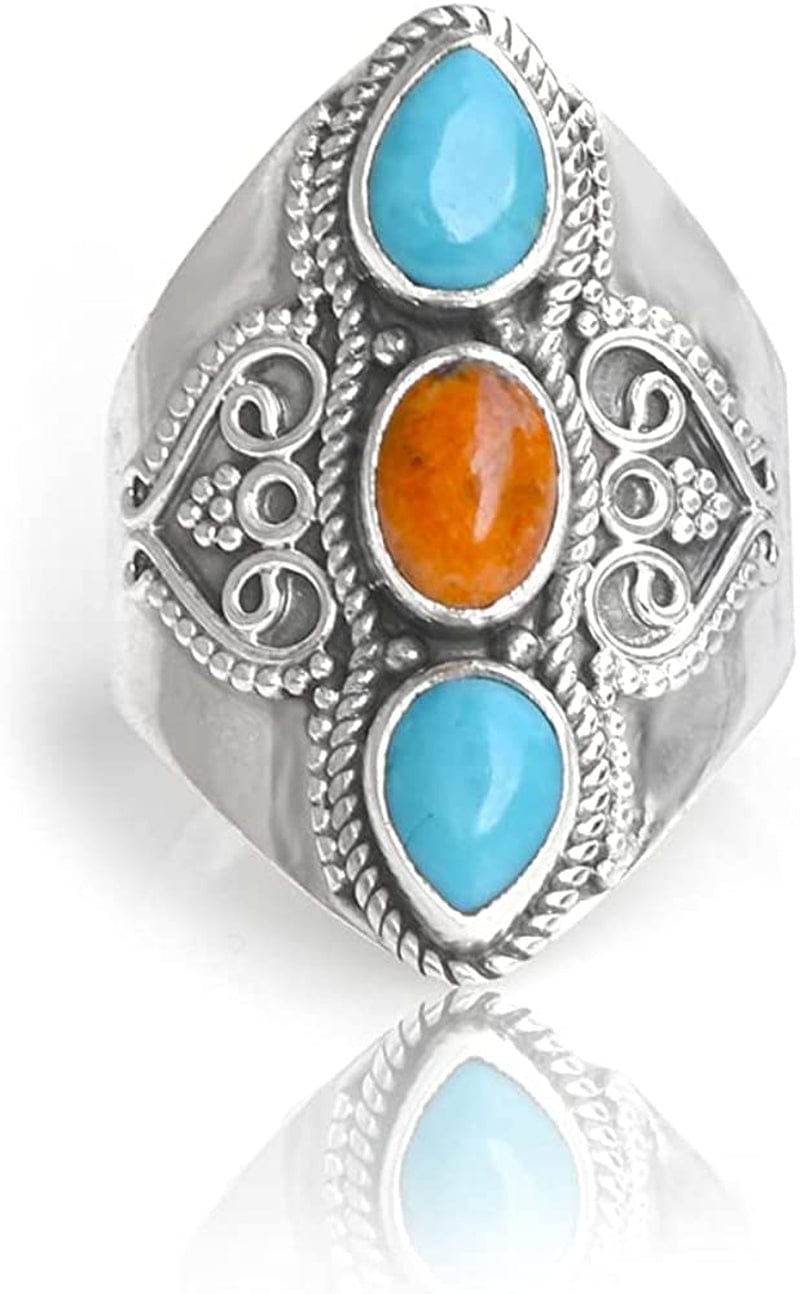 Yotreasure .925 Sterling Silver Turquoise 3 Stone Wide Band Boho Ring 10