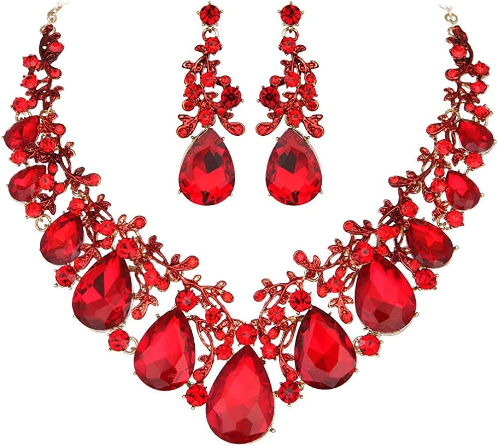 Youfir Austrian Crystal Leaf Statement Wedding Necklace and Earrings Jewelry Sets for Women Formal Dress Red