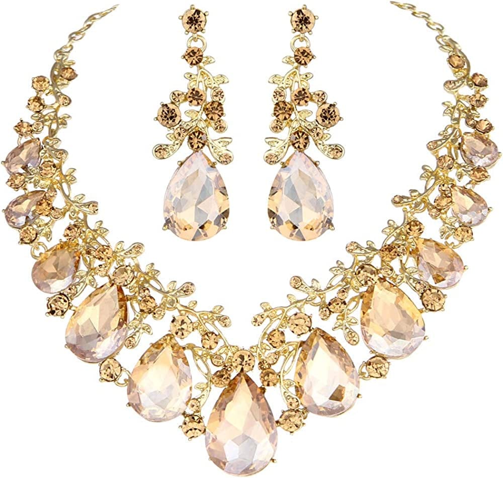 Youfir Austrian Crystal Leaf Statement Wedding Necklace and Earrings Jewelry Sets for Women Formal Dress Champagne