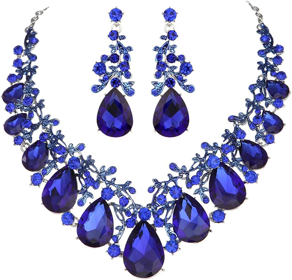 Youfir Austrian Crystal Leaf Statement Wedding Necklace and Earrings Jewelry Sets for Women Formal Dress Blue