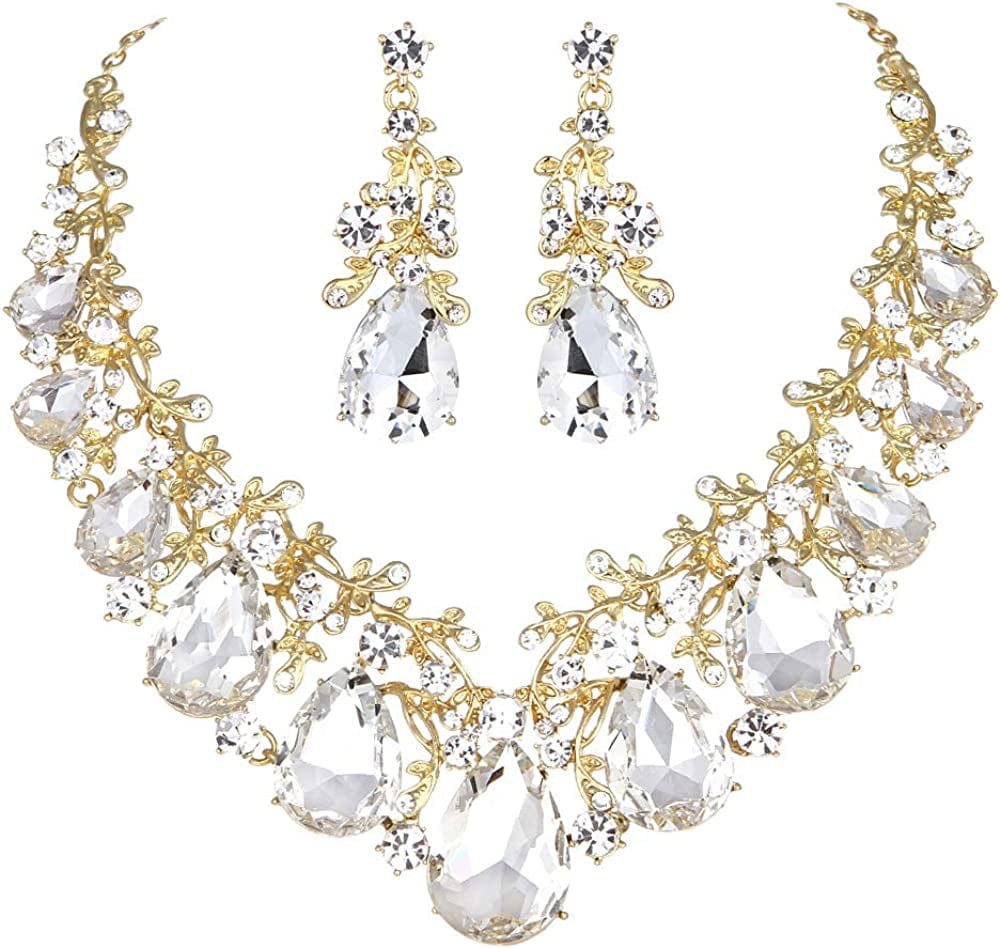 Youfir Austrian Crystal Leaf Statement Wedding Necklace and Earrings Jewelry Sets for Women Formal Dress Clear-Gold Tone