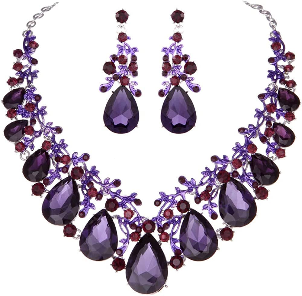 Youfir Austrian Crystal Leaf Statement Wedding Necklace and Earrings Jewelry Sets for Women Formal Dress Purple