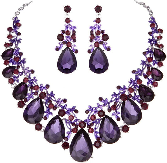 Youfir Austrian Crystal Leaf Statement Wedding Necklace and Earrings Jewelry Sets for Women Formal Dress Purple