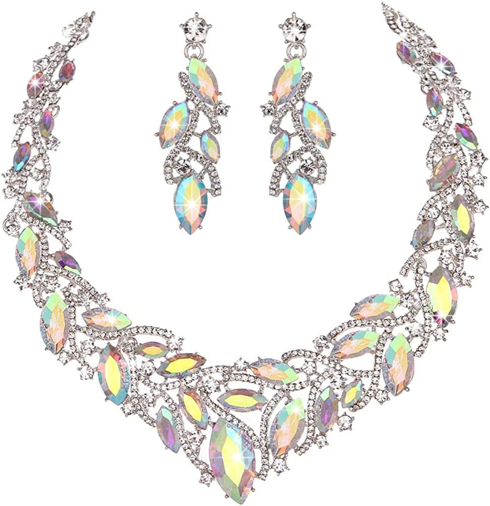 Youfir Women'S Elegant Austrian Crystal Necklace and Earrings Jewelry Set for Wedding Dress Crystal AB