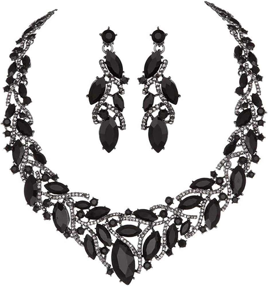 Youfir Women'S Elegant Austrian Crystal Necklace and Earrings Jewelry Set for Wedding Dress Black