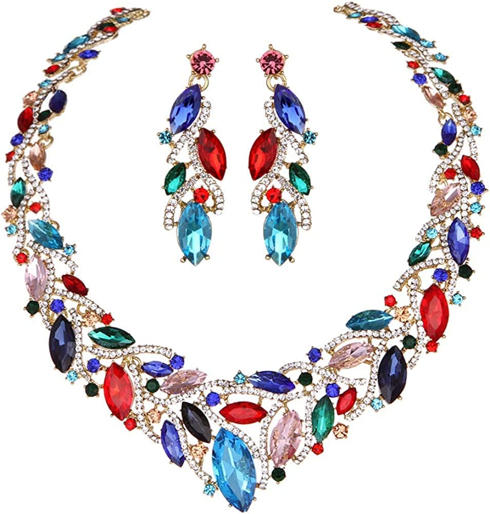 Youfir Women'S Elegant Austrian Crystal Necklace and Earrings Jewelry Set for Wedding Dress Multicolour