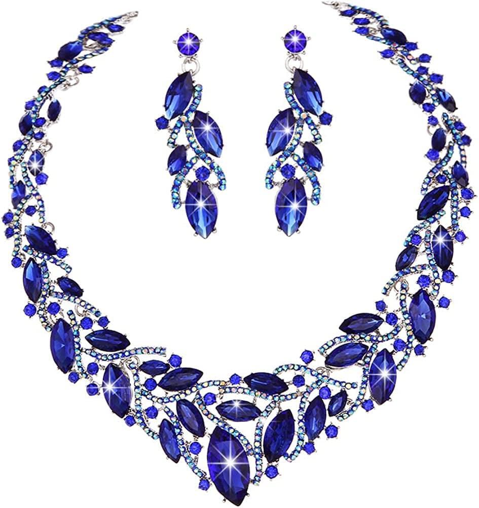 Youfir Women'S Elegant Austrian Crystal Necklace and Earrings Jewelry Set for Wedding Dress Blue
