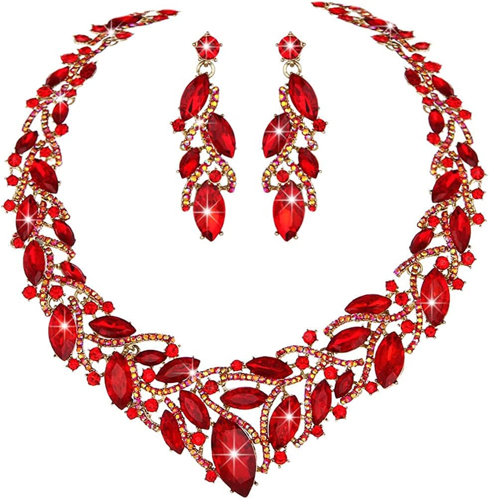 Youfir Women'S Elegant Austrian Crystal Necklace and Earrings Jewelry Set for Wedding Dress Red