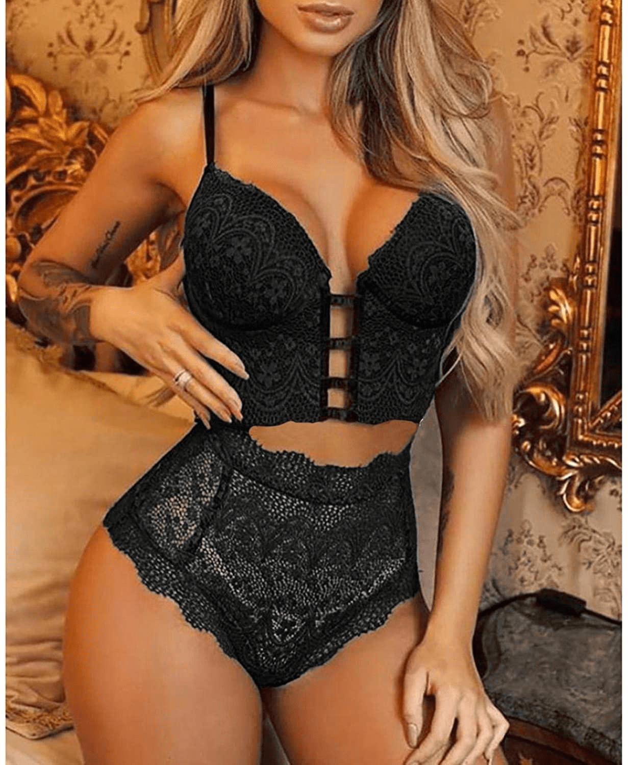 Youmymine Pleated Lingerie for Women Nightgowns Naughty Sleepwear Embroidery Lace Trim Babydoll Chemise Set Apparel & Accessories > Clothing > Underwear & Socks > Lingerie Youmymine&01