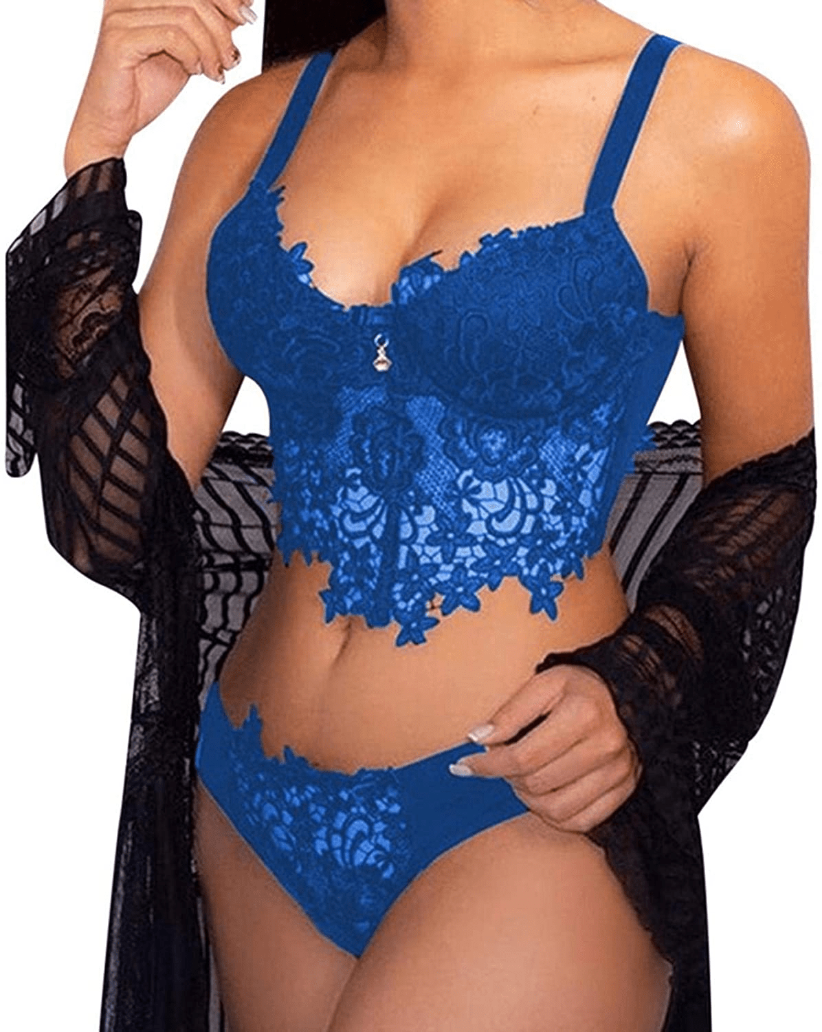 Youmymine Pleated Lingerie for Women Nightgowns Naughty Sleepwear Embroidery Lace Trim Babydoll Chemise Set Apparel & Accessories > Clothing > Underwear & Socks > Lingerie Youmymine&01 Blue Small