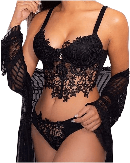 Youmymine Pleated Lingerie for Women Nightgowns Naughty Sleepwear Embroidery Lace Trim Babydoll Chemise Set Apparel & Accessories > Clothing > Underwear & Socks > Lingerie Youmymine&01 Black Small