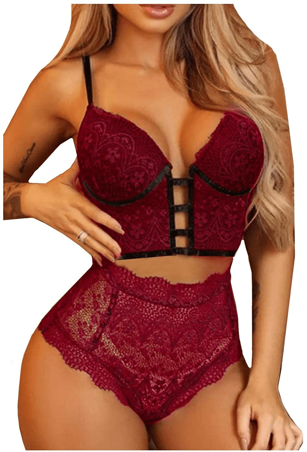Youmymine Pleated Lingerie for Women Nightgowns Naughty Sleepwear Embroidery Lace Trim Babydoll Chemise Set Apparel & Accessories > Clothing > Underwear & Socks > Lingerie Youmymine&01 #B-red Small