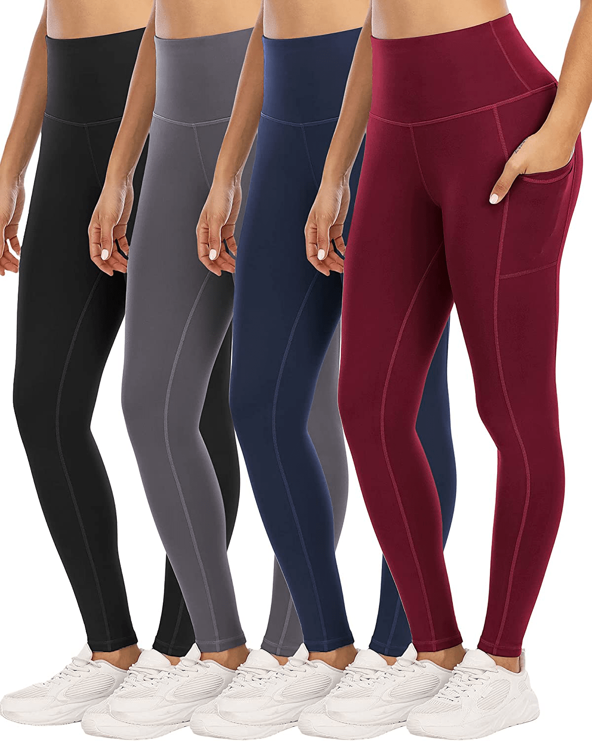 YOUNGCHARM 4 Pack Leggings with Pockets for Women,High Waist Tummy Control Workout Yoga Pants Apparel & Accessories > Clothing > Activewear YOUNGCHARM 4 Packs-black/Gray/Navy/Burgundy Large