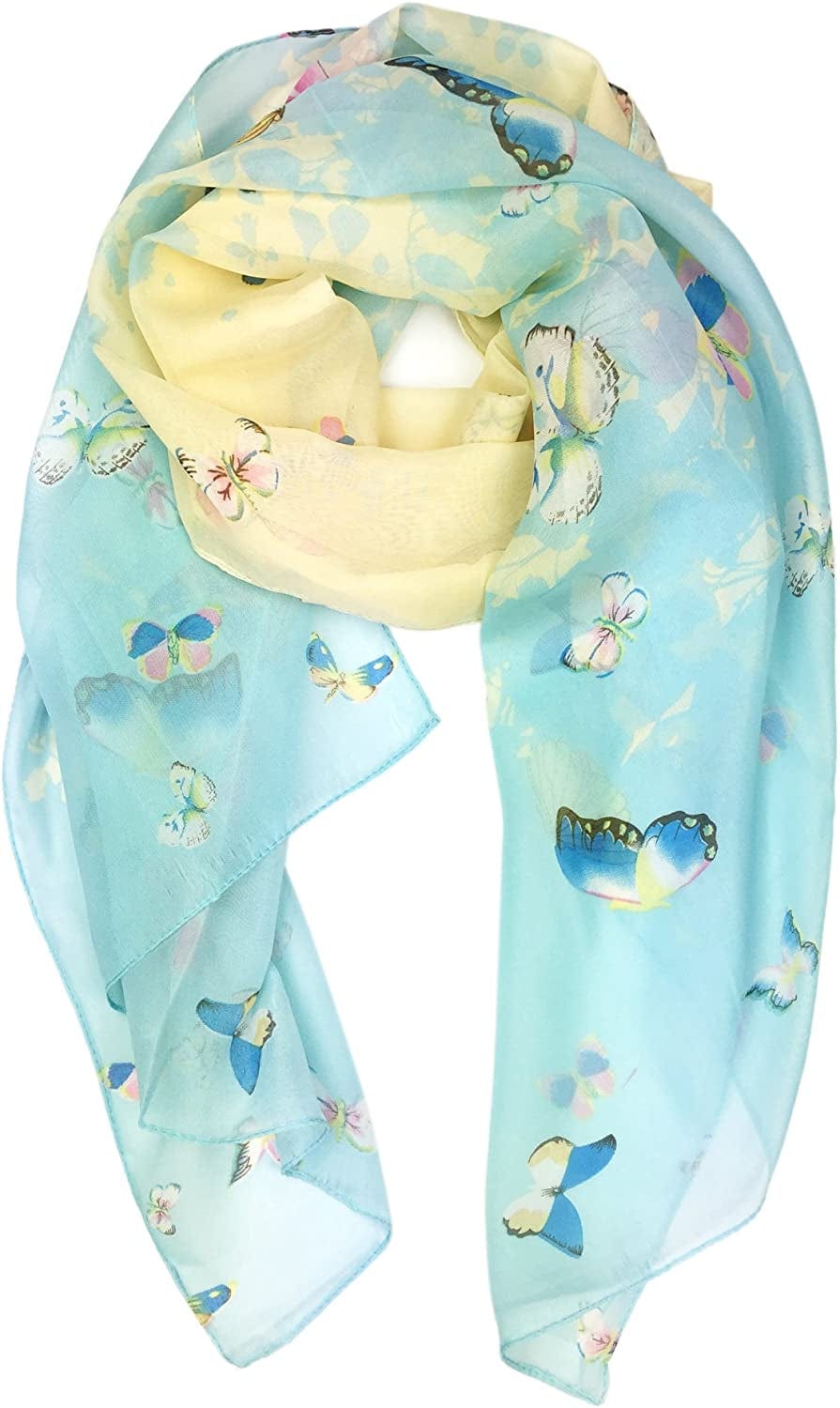 YOUR SMILE Ladies/Women'S Lightweight Floral Print/Solid Color Mixture Shawl Scarf for Spring Summer Season Apparel & Accessories > Clothing Accessories > Scarves & Shawls YOUR SMILE Beige/Blue Butterfly