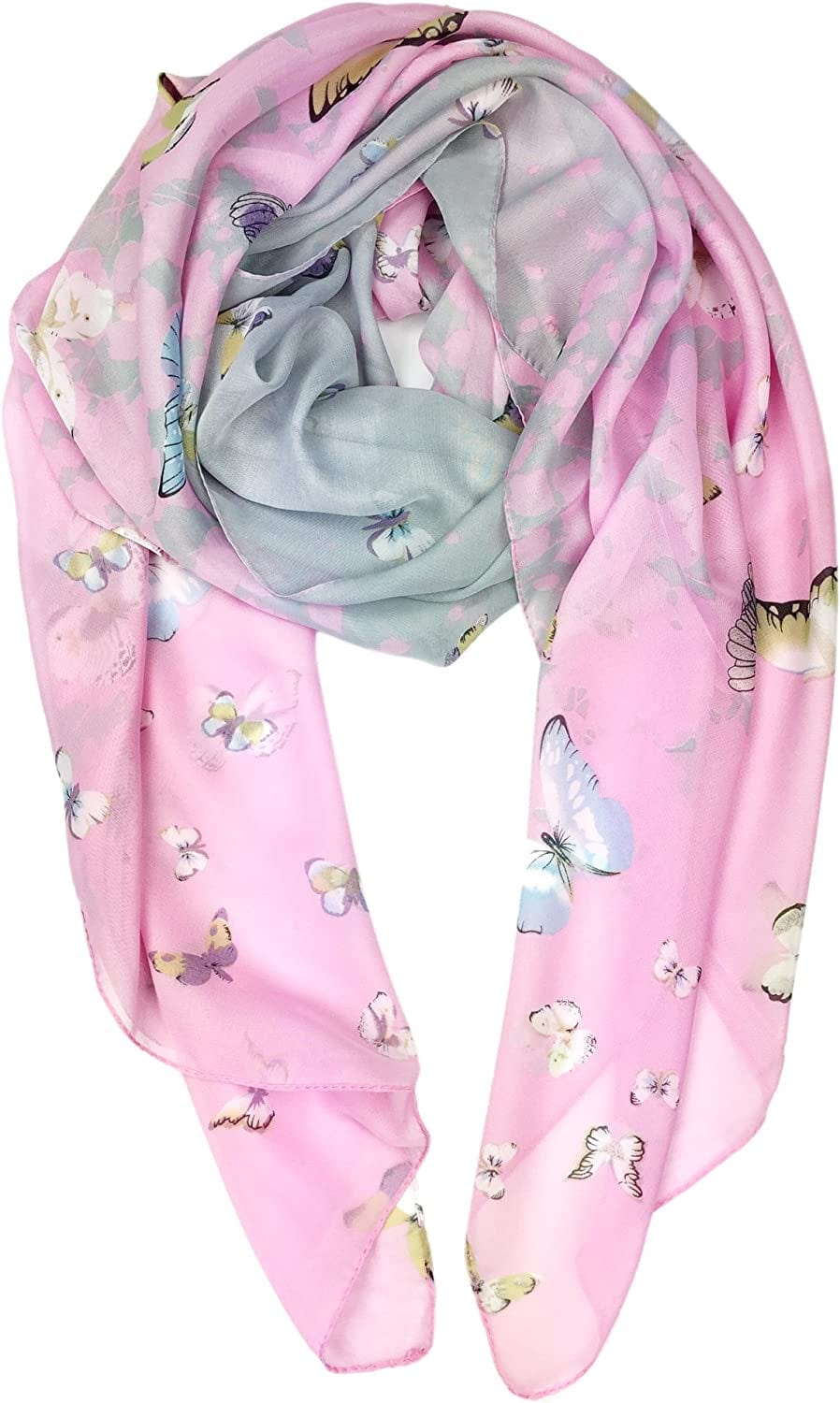 YOUR SMILE Ladies/Women'S Lightweight Floral Print/Solid Color Mixture Shawl Scarf for Spring Summer Season Apparel & Accessories > Clothing Accessories > Scarves & Shawls YOUR SMILE Pink/Grey Butterfly
