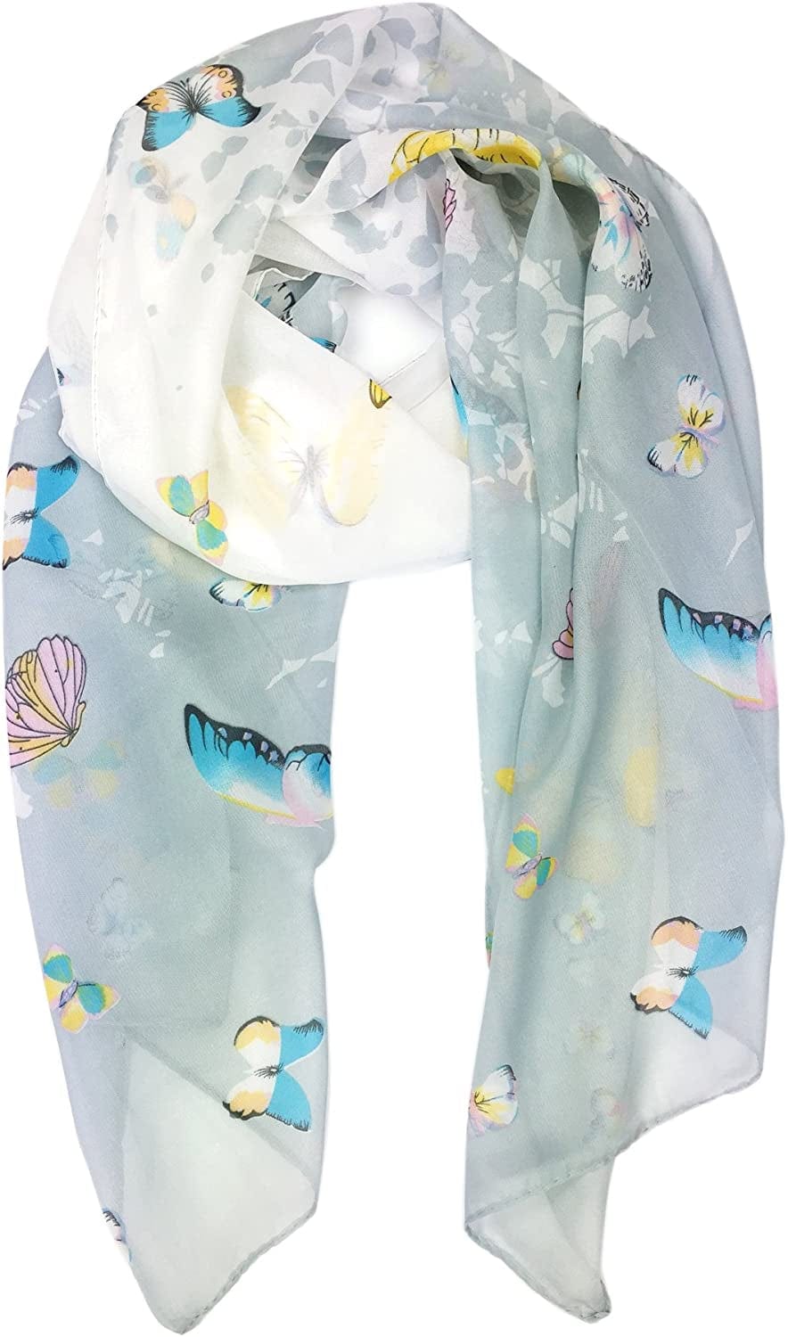 YOUR SMILE Ladies/Women'S Lightweight Floral Print/Solid Color Mixture Shawl Scarf for Spring Summer Season Apparel & Accessories > Clothing Accessories > Scarves & Shawls YOUR SMILE Grey/White Butterfly