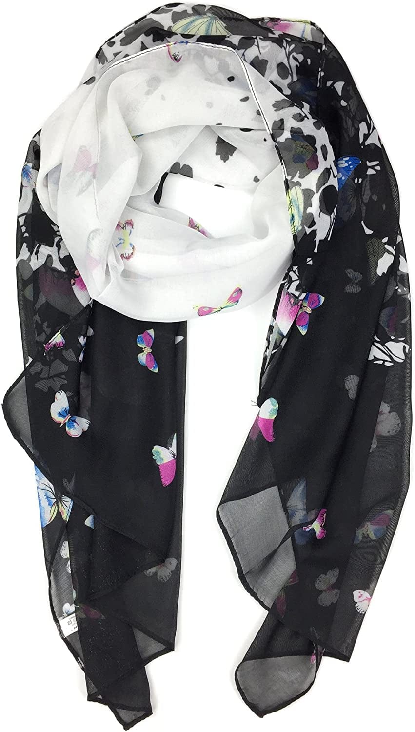 YOUR SMILE Ladies/Women'S Lightweight Floral Print/Solid Color Mixture Shawl Scarf for Spring Summer Season Apparel & Accessories > Clothing Accessories > Scarves & Shawls YOUR SMILE Black/White Butterfly