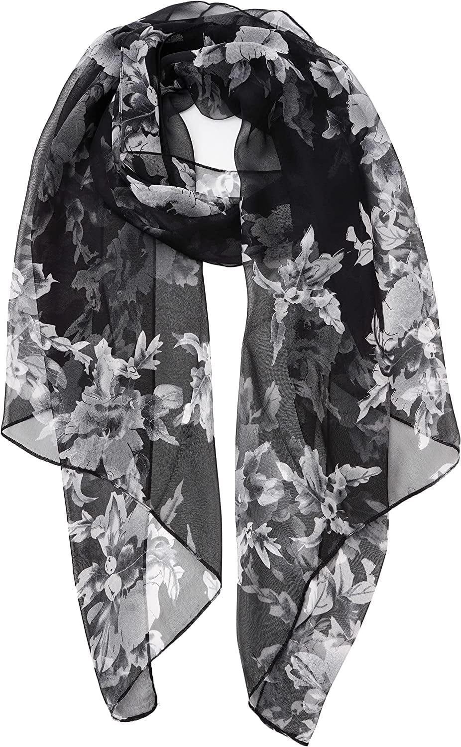 YOUR SMILE Ladies/Women'S Lightweight Floral Print/Solid Color Mixture Shawl Scarf for Spring Summer Season Apparel & Accessories > Clothing Accessories > Scarves & Shawls YOUR SMILE Black White Flower