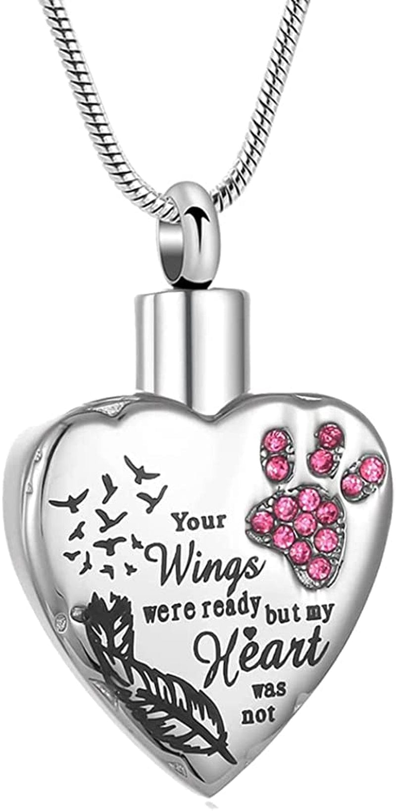 Your Wings Were Ready, but My Heart Was Not Stainless Steel Carved Locket Cremation Urn Necklace for Pet Dog Cats 1-Pink