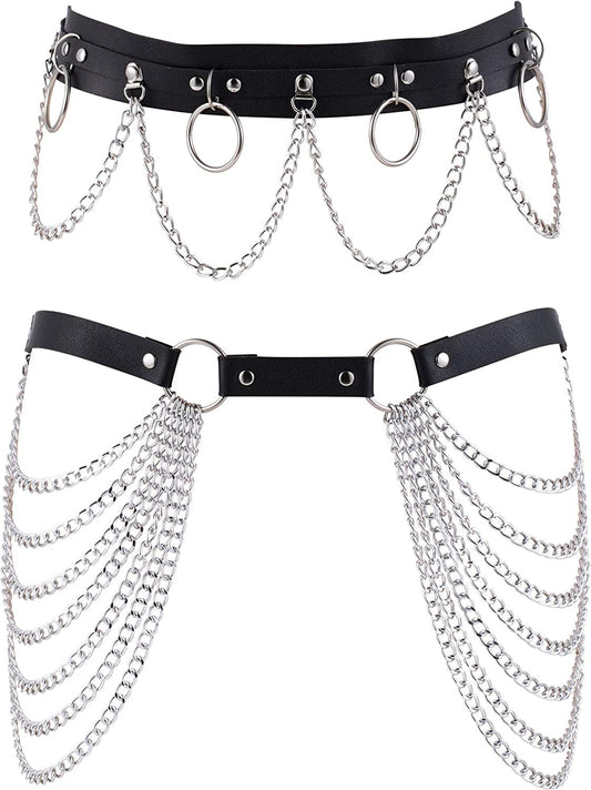 YOVORO 2PCS Punk Waist Belly Chain Belt for Women Leather Layered Body Chain Dance Pary Body Accessories Jewelry Apparel & Accessories > Jewelry > Body Jewelry YOVORO